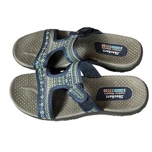 Skechers Womens Reggae Rockfest Sandals Navy Blue Geometric Slide Size 9